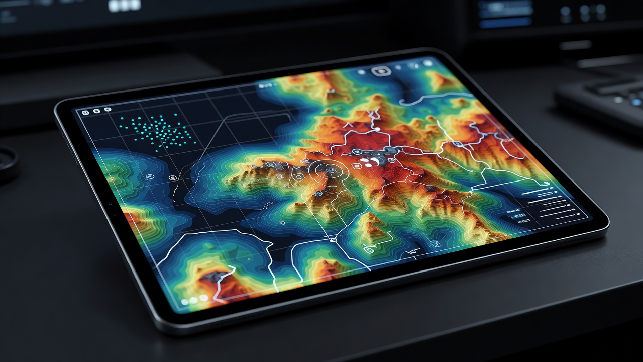 A detailed view of a digital topographic map interface on a tablet device