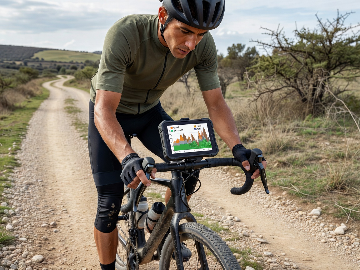 Cyclist viewing a route planner showing elevation and surface types
