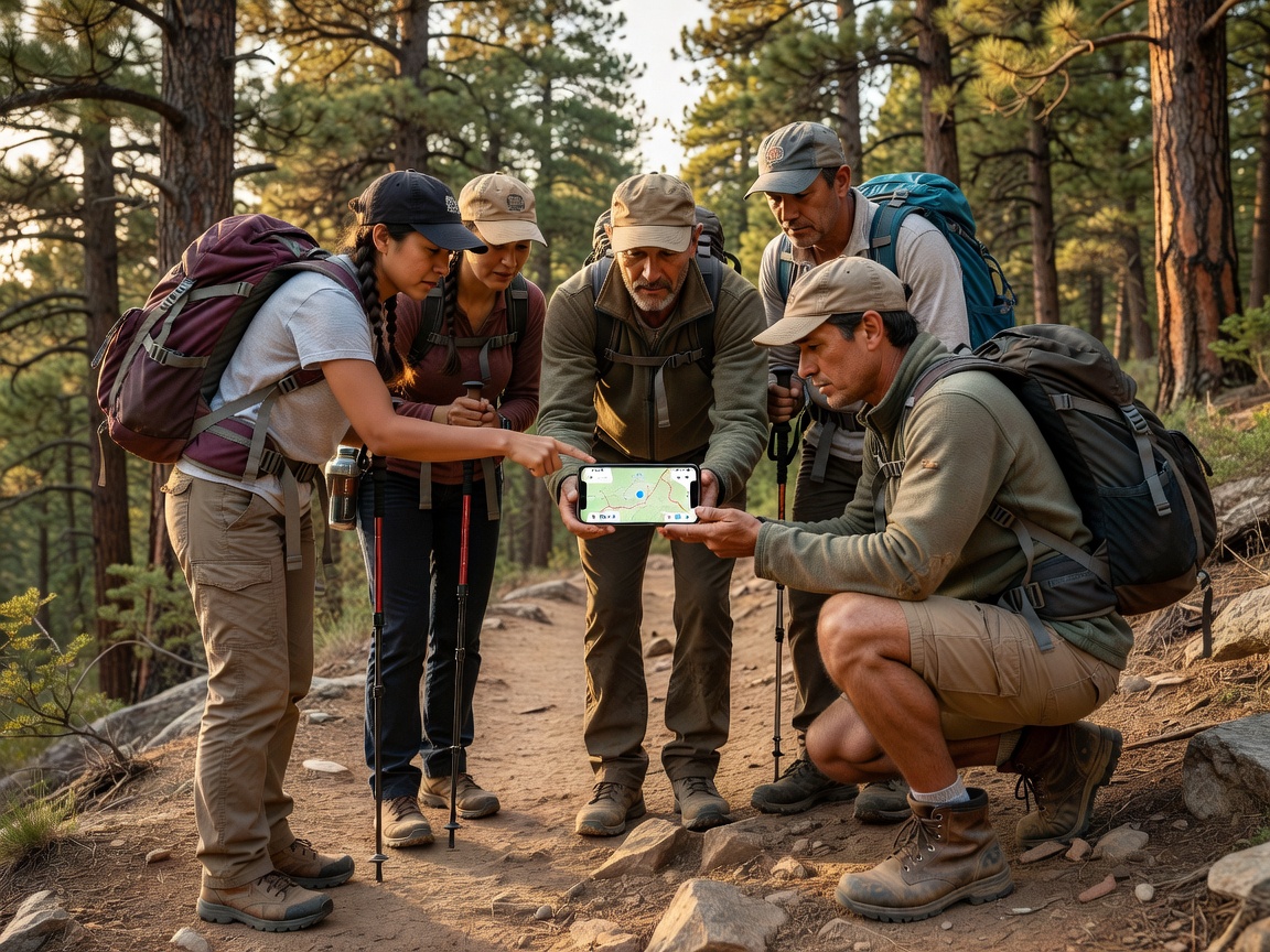 Group of hikers using a mobile app to find a local trailhead