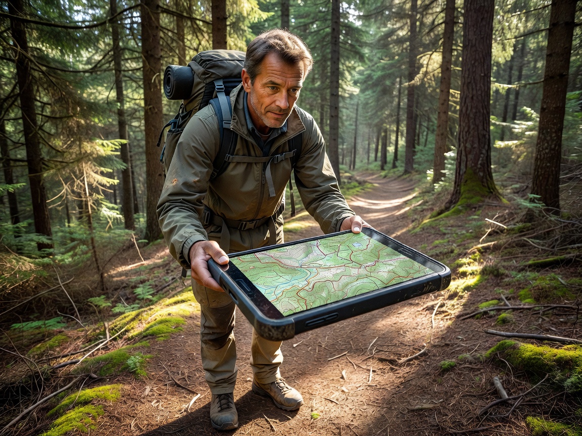 Hiker consulting a digital topographic map on a smartphone in a forested area