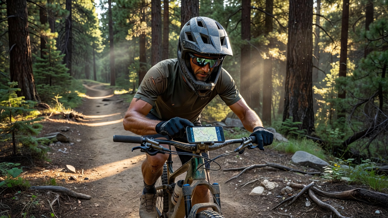 Mountain biker reviewing a planned route on a handlebar-mounted smartphone