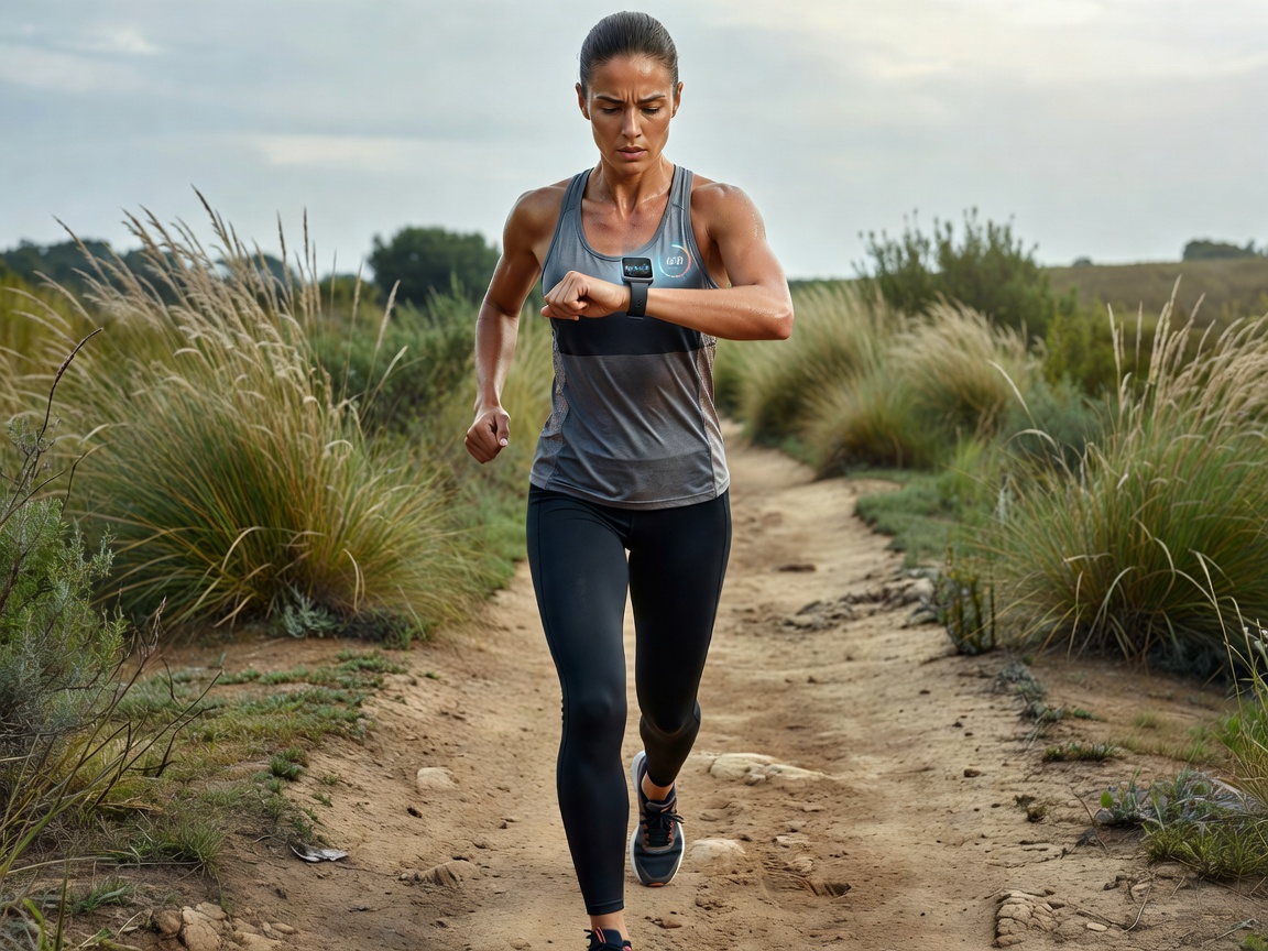 Runner checking a smartwatch synced with a performance tracking app