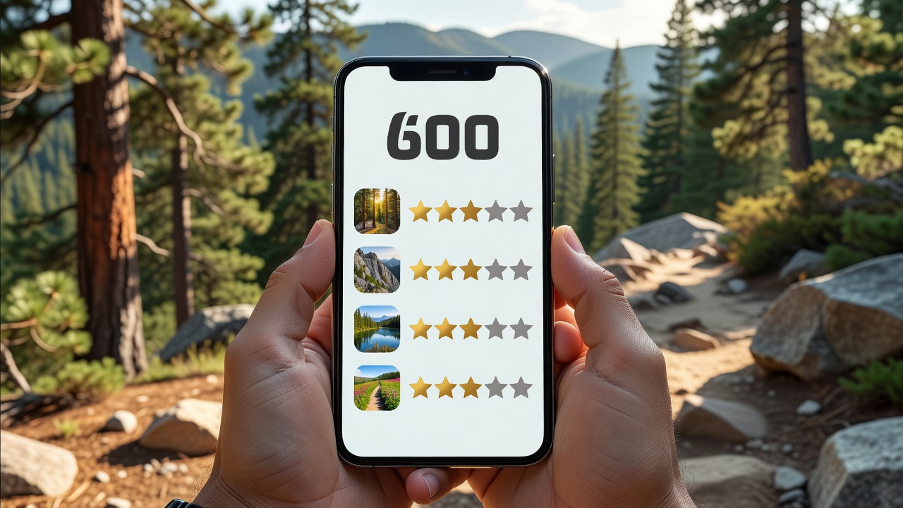 Smartphone displaying a curated list of local hiking trails with star ratings