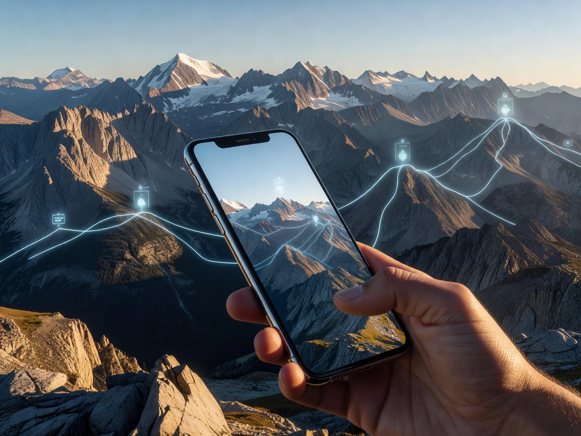 Smartphone held up against a mountain range showing augmented reality peak labels
