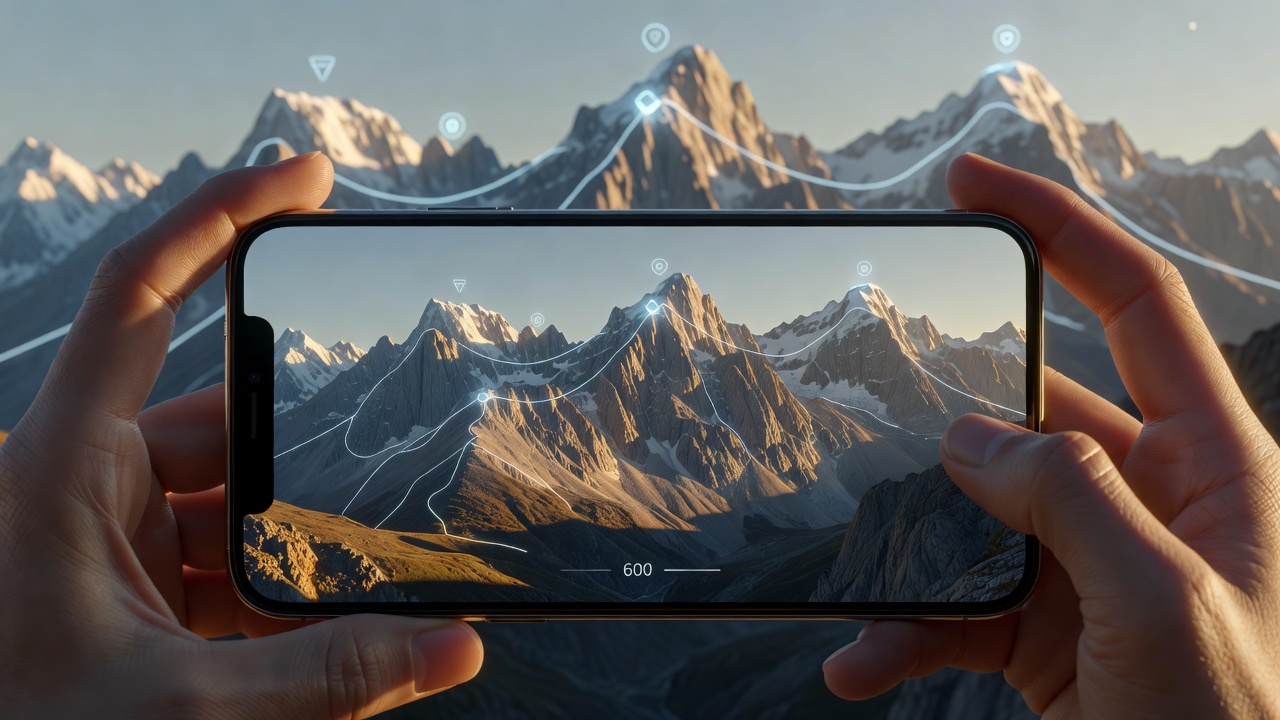 Smartphone screen displaying mountain peaks identified with augmented reality labels